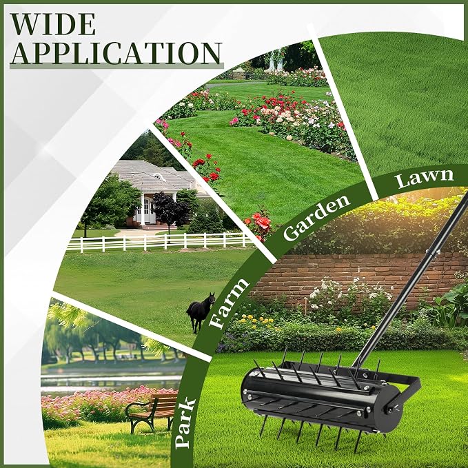 18in Rolling Lawn Aerator, Heavy Duty Manual Aerator Lawn Tool, Lawn Spike Aerator Roller with Adjustable Handle, Soil Penetrator Push Lawn Aeration for Garden Yard Patio (Black)