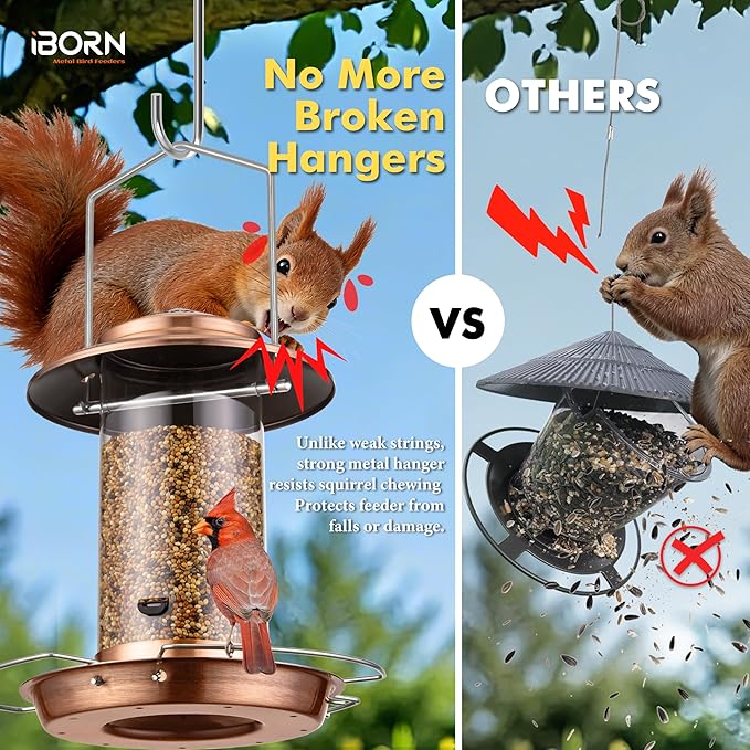 iBorn Bird Feeder Metal Squirrel Chew-Proof Bird Feeders for Outdoors Hanging Outside for Cardinal, Holds 1.32LB Seed with 3 Perchs, Brushed Copper (Seed is not Included)