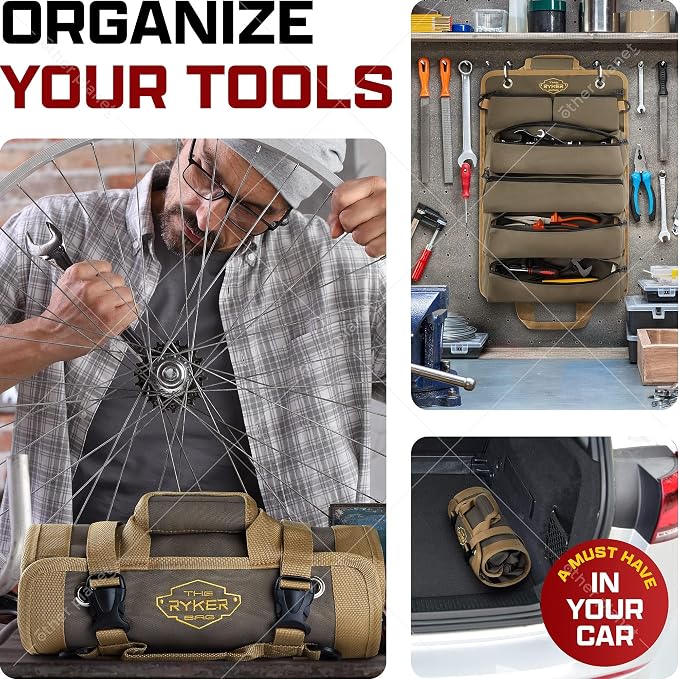 The Ryker Roll Up Tool Bag Organizer Gifts for him (2-pack) Heavy Duty Small Motorcycle Tool Roll Bag Organizer Portable Rollup Toolbag w/Detachable Pouches Mens gift for Dad, Mechanic & Hobbyist