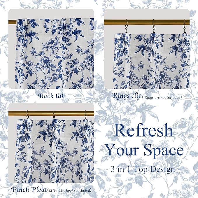 StangH Blue Cafe Curtains 36 Inch Length, Pinch Pleated Peony Floral Small Window Treatment, Elegant Farmhouse Tier Curtains for Kitchen & Bathroom, W26xL36，2 Panels