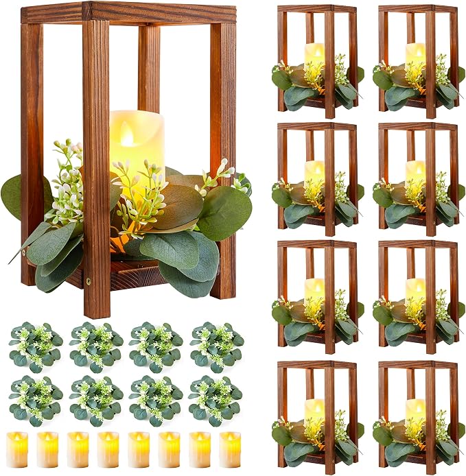8 Set/24 Pcs Wooden Wedding Lantern Centerpiece Include 8 Wooden Lantern Candle Holder 8 Flameless LED Candle 8 Eucalyptus Leaves Wreath for Centerpieces Wedding Table Party Farmhouse Decor