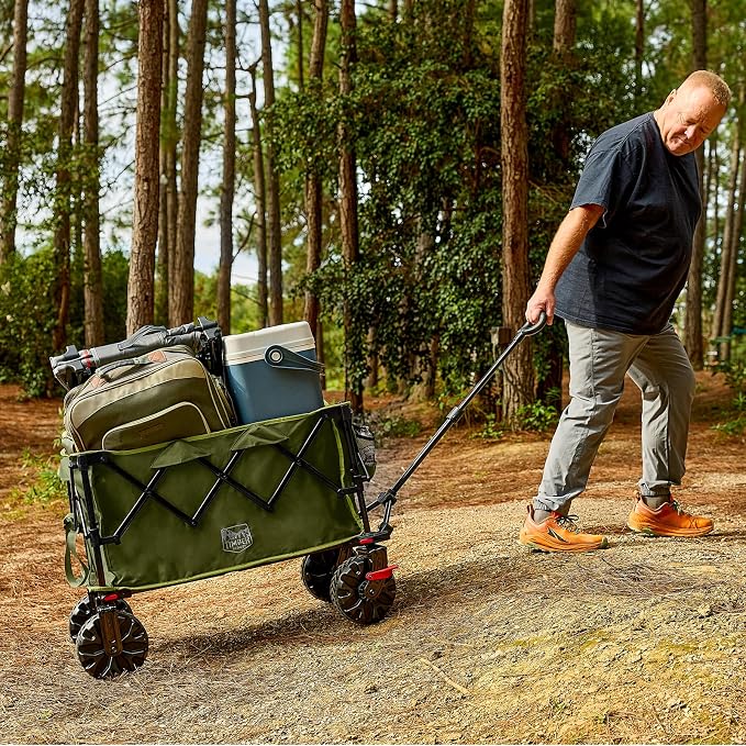 TIMBER RIDGE Outdoor Collapsible Folding Wagon with Brakes and Cup Holders, 500lbs Heavy Duty All Terrain Wheels Utility Cart for Shopping Camping Garden Sports, Green