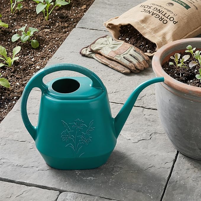 Fasmov 1-Gallon Plastic Watering Can with Comfortable Handle, Garden Watering Cans Long Spout for Indoor Outdoor Watering Plants (Green)