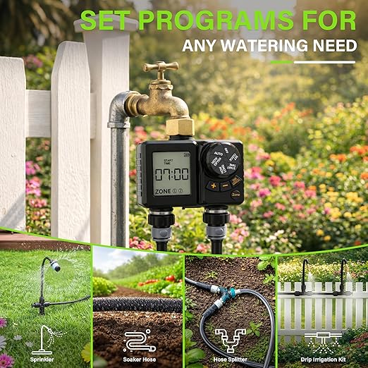 MIXC Drip Irrigation System with Timer,1/4" 100Ft Automatic Garden Watering Kit with 16pcs 360°Adjustable Brass Nozzles & Bendable Rod,for Outdoor Plants,Lawn,Raised Bed,Potted Plant,Yard,Greenhouse