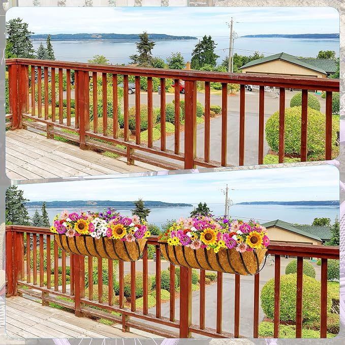 Tessco for you 4 Pieces Railing Planter Boxes, 30 Inches Window Box Planters with Coco Liner and Adjustable Brackets for Deck Porch Fence Patio Balcony Gardening Outdoor Plants