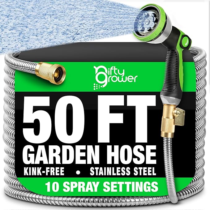 50 FT Garden Hose Stainless Steel Heavy Duty with Spray Nozzle, Lightweight and No-Kink Flexible Water Hose 50 FT with 3/4" Solid Brass Fittings, Metal Waterhose for Outside 50FT, Manguera para Jardin