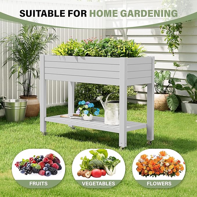 Elevate 33.7" Tall Raised Garden Bed with Wheels, Divisible Resin Planter Box with Drainage Gauge & Storage Shelf, Herb Planter for Garden Patio Backyard, Ashen (33.7" h)