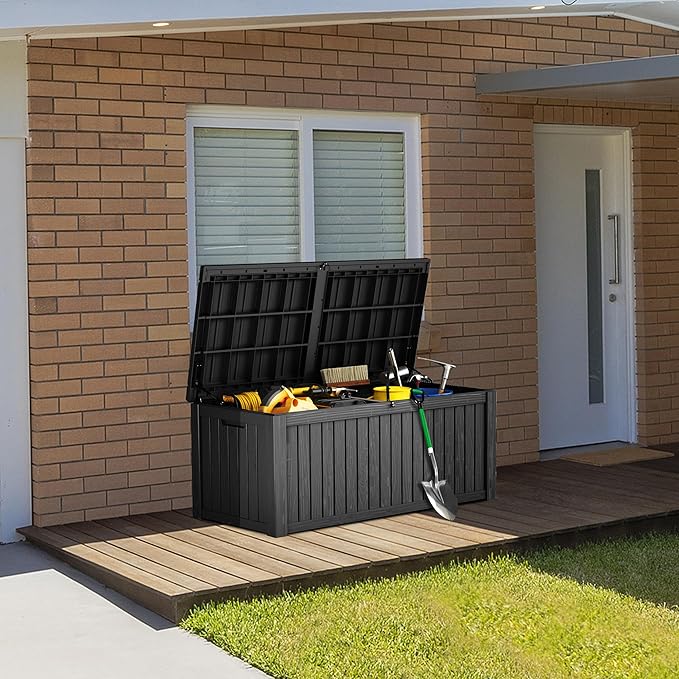 180 Gallon Deck Box Organizer, Doubles as 2-Person Bench Seat, Black – Large Resin Outdoor Storage and Seating with Lockable Lid for Garden, Pool, and Patio