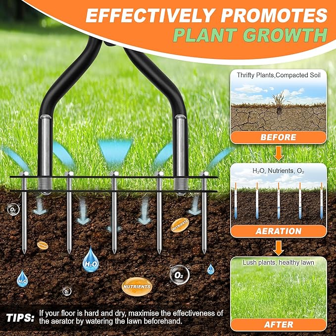 Lawn Aerator Tool, Manual Lawn Aerators with Padded T-Handle, 15 Solid Steel Spikes, Dual-Layer Design for Aeration in Lawn, Yard, Garden Soil (Include Gloves)