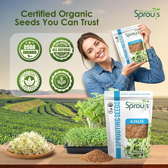 Nature Jims Sprouts Alfalfa Seeds – Non-GMO Organic Sprout for Growing & Planting – Premium Resealable Bag for Fresh Homegrown Sprouting Seeds – Rich in Nutrients, Vitamins, Fiber & Minerals – 16oz
