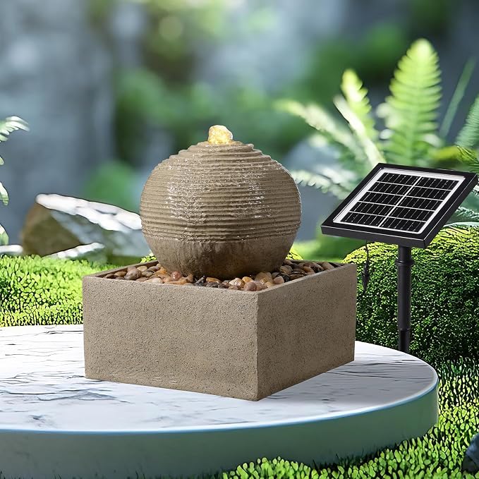 Solar Fountain Outdoor with LED Lights, Zen Sphere Water Fountain, Small Resin Garden Water Feature for Patio, Porch, Deck, Backyard & Indoor Decor, 12 Inch
