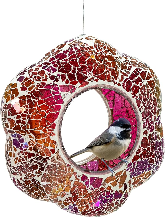 Sunnydaze 10-Inch Glass Mosaic Hanging Bird Feeder for Outdoors - Fly-Through Glass Bird Feeder for Cardinals, Jays, Finches and More - Pearl Pink Flower