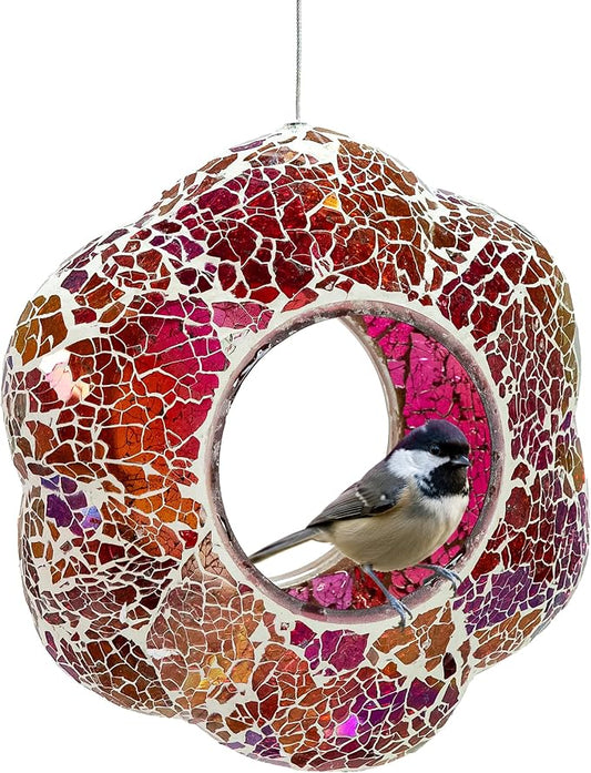 Sunnydaze 10-Inch Glass Mosaic Hanging Bird Feeder for Outdoors - Fly-Through Glass Bird Feeder for Cardinals, Jays, Finches and More - Pearl Pink Flower