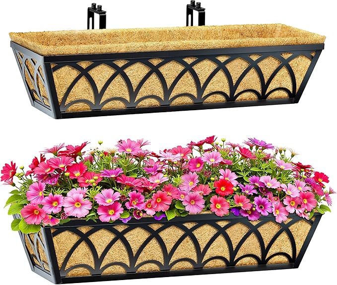 24 Inch Railing Planter Box Window Boxes Planters - 2 Pack Deck Railing Planter Boxes with Adjustable Brackets Coco Liners Balcony Planters Railing Hanging for Window Flower Boxes Outdoor Garden Decor