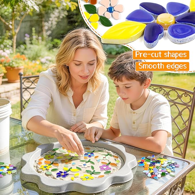 LOTOFUN Mosaic Tiles for Stepping Stones: 610g Vibrant Mosaic Tiles for Crafts Bulk with Petals Centers Leaves Stem Decorative Ceramic Flowers Mosaic Supplies for DIY Garden Decor- Crafts for Adults