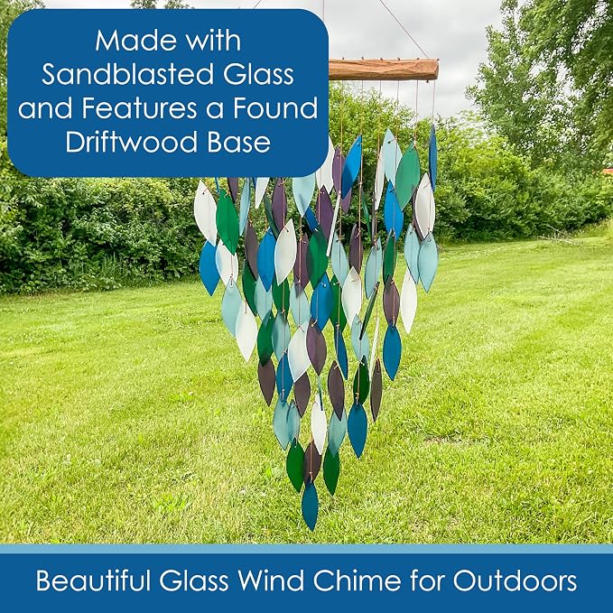 Blue Handworks Deluxe Pacific Waterfall Glass & Driftwood Chime, Sandblasted Glass and Found Wood Handcrafted Wind Chime