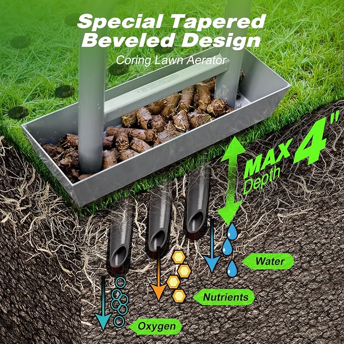 Walensee Lawn Aerator Coring Tool with Soil Core Storage Tray, 38.2" Manual Yard Plug Aerator with 3 Tines, Grass Aeration Gardening Tool with Cleaning Tool for Lawn Care and Compacted Soil