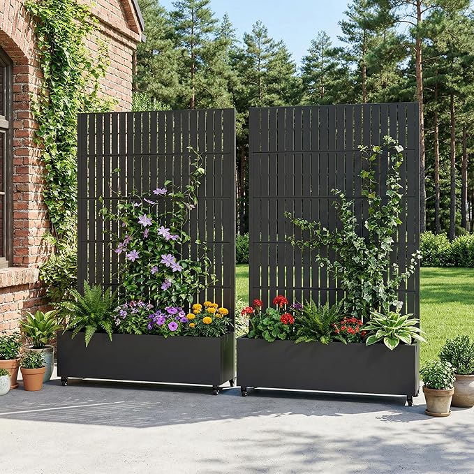 Casaphoria Metal Raised Garden Bed with Trellis and Wheels, 72"x47"x16" Planter Box for Climbing Plants, Vegetables & Vines, Features Drainage Holes and Privacy Screen (Black)