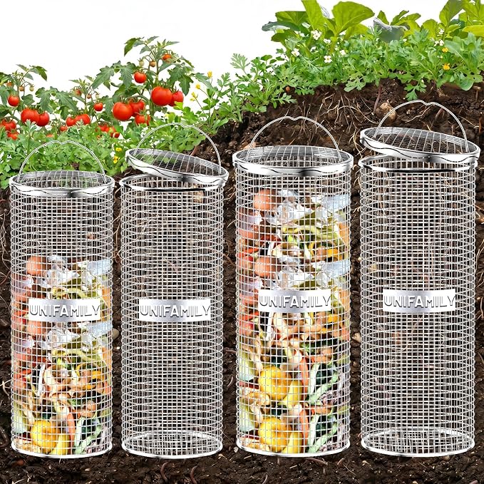 UNIFAMILY 4pack Inground Worm Composting Bin, Stainless Steel Outdoor Compost Bin with Handle, Worm Composter, Worms Bins for Composting Recycling Kitchen Food Waste