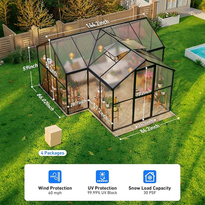 12X12FT Green Houses for Outside, Large Greenhouse for Outdoors and Garden Planting, Walk in Greenhouse Kit with Electronic Thermometers, Withstands Strong Wind or Snow to Protect Vegetables or Plants