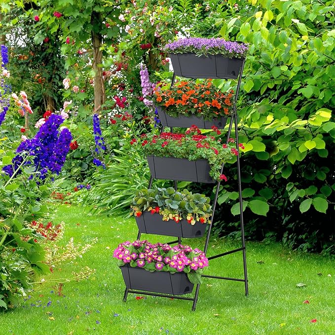 Raised Garden Bed 5 Tier Vertical Planter Standing Herb Garden Elevated Box With Drainage Holes Tall Planters for Outdoor Plants Vegetables Flowers Grey
