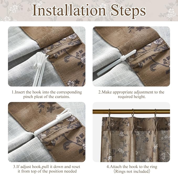 StangH Linen Pinch Pleat Cafe Curtains, Khaki Floral Warm Earth Tone Short Linen Curtains for Small Windows/Cabinet/Bathroom, Light Filtering Semi Sheer Privacy Tiers, W26 x L40, 2 Panels