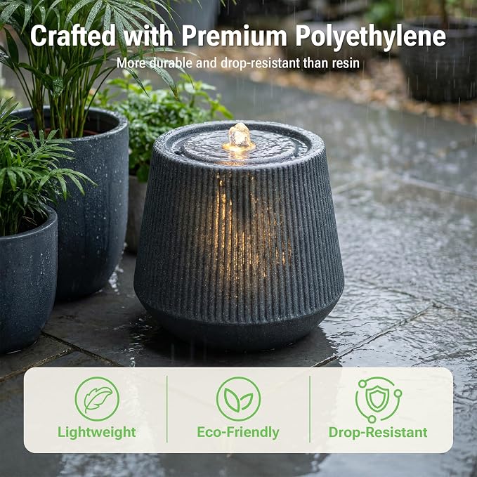 10-Inch Indoor Water Fountain, Made with Recyclable Polyethylene, Round Bubbler Indoor Water Fountain with LED Light, Home Art Decor for Garden, Patio, Porch, Yard, Deck, Balcony in Gray
