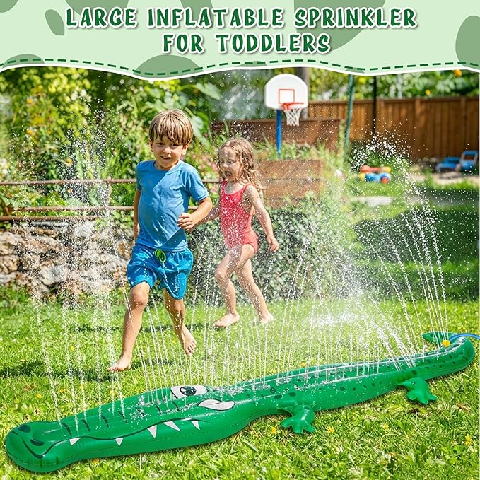 96" x 13" Extra Large Sprinkler for Kids,Outdoor Inflatable Crocodile Sprinkler Toddler Water Toy for Yard,Durable Summer Outside Splashing Water Spray Fun Toys for Lawn Garden Backyard