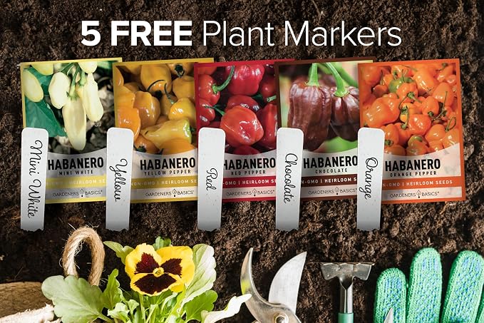 Gardeners Basics, Habanero Pepper Seeds for Planting - 5 Varieties Pack Hot Pepper Seeds, Red, Orange, Yellow, Chocolate, White Habanero Seeds Non GMO, Heirloom Garden Seeds