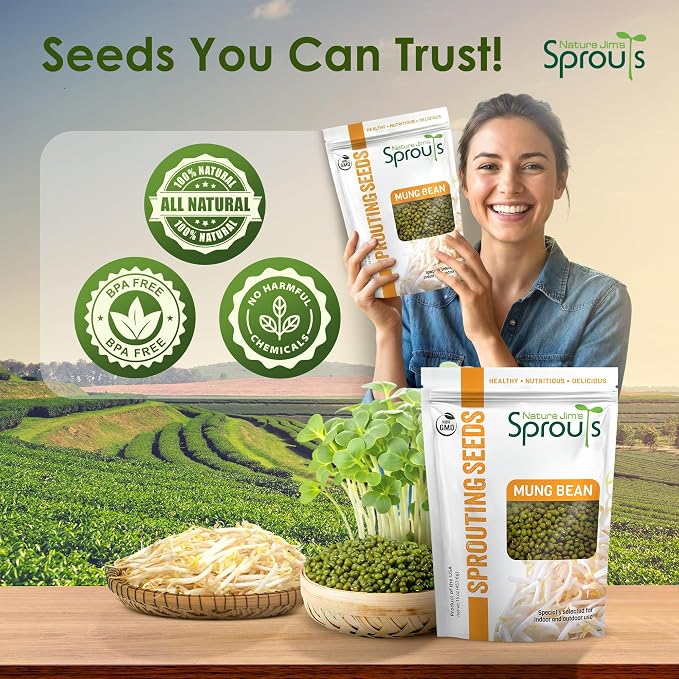 Nature Jims Sprouts Mung Bean Sprouting Seeds – Non-GMO Mung Beans for Growing Nutritious, Fresh Sprouts – Packed with Vitamins, Minerals & Fiber – Premium Resealable Bag for Longer Freshness – 16 Oz