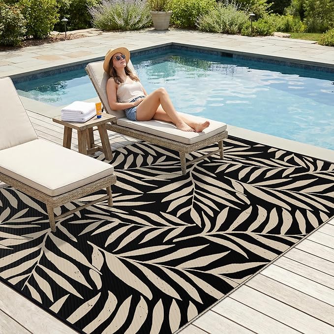 Smiry Outdoor Rug 9x12 ft, Waterproof Reversible Plastic Straw Rugs, Outdoor Area Rug with Leaf Pattern, Outside Floor Mat for Patio, Backyard, Deck, Picnic, Beach, Camping, Black & Beige