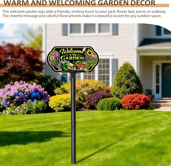 Welcome to My Garden Sign Outdoor Decor, 10x5 Inch Adjustable 24" & 37" Height Aluminum Garden Yard Sign with Stake, UV Printed Metal Garden Sign for Lawn Fence Wall, Gift for Gardeners