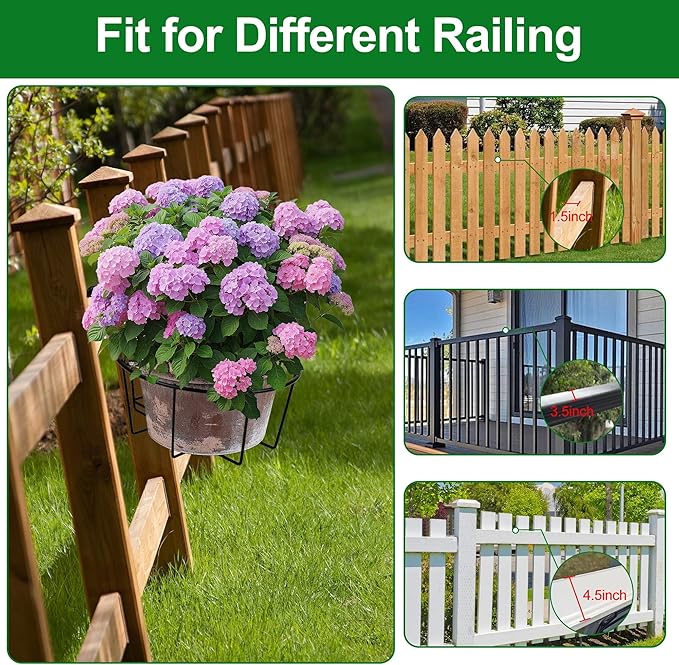 Adjustable Hanging Railing Planter, 6 Pack Fit 1.5 to 4.5 Inches Railing, Weather-Resistant Metal Balcony Rail Planters, Work for Outdoor Fence Deck Garden Patio Halloween Christmas Decor