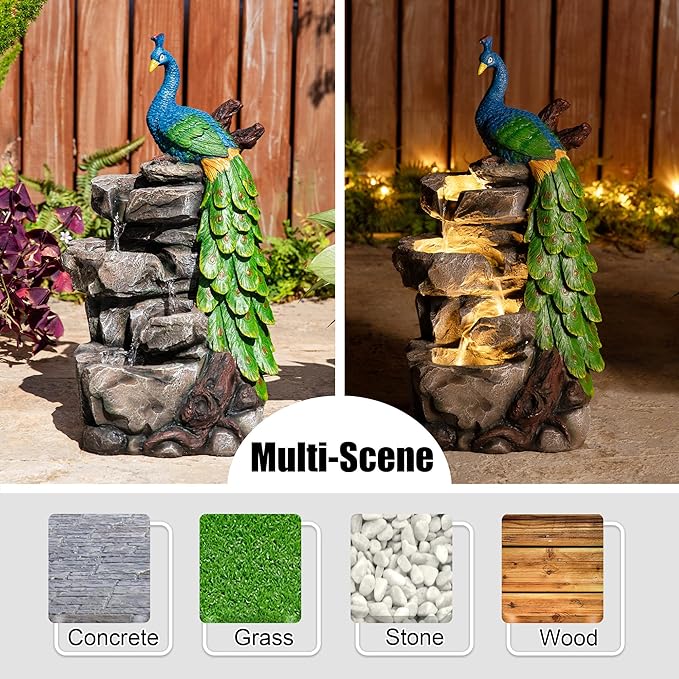 Glitzhome Outdoor Water Fountain with Lights, 4-Tierd Peacock W/Stacked Stone Outdoor Fountain, 20.5" H Polyresin Decorative Waterfall Feature Garden Fountain with Pump for Garden, Patio, Porch