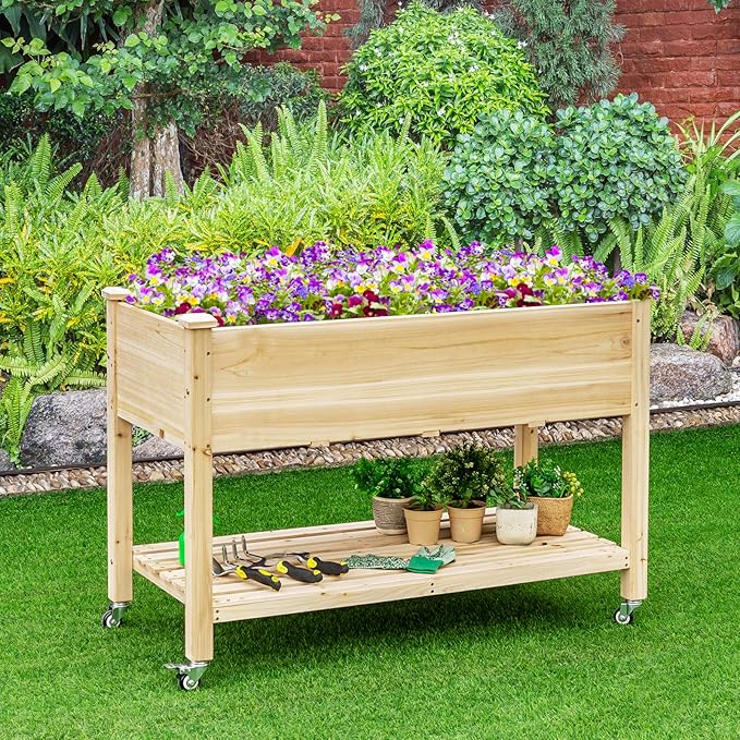 Giantex Raised Garden Bed on Wheels, Wood Planter Box with Legs, Liner, Drain Holes, Elevated Garden Bed for Vegetables, Standing Garden Container for Backyard, Patio, 47.5" LX 23.5" WX 33" H