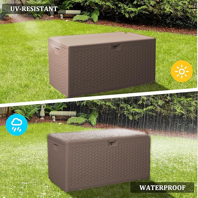 TARKARI 80 Gallon Deck Box,Outdoor Storage Box Lockable,Waterproof for Patio Furniture, Garden Tools, Pool Accessories, Package Delivery Boxes For Outside, Brown