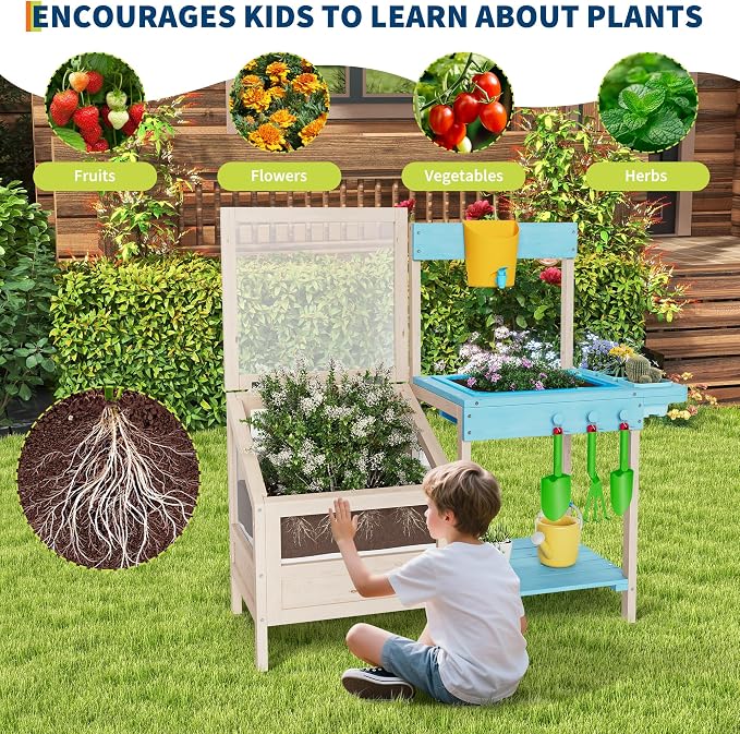 Outdoor Garden Potting Bench Table All-Weather Garden Table Work Station with Transparent Planter Box Raised Garden Bed 3 Side Plant Pots and Storage Shelf for Lawn Garden