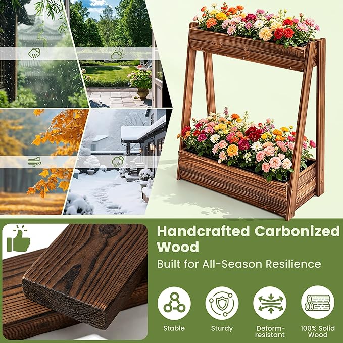 2-Tier Elevated Raised Garden Bed, 36" H Fir Wood Planter Box with 23" Large Growing Space, Drainage Holes & Non-Woven Liner, Outdoor Flower Bed & Herb Garden Planter for Patio Balcony Backyard