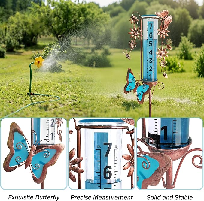 Rain Gauge Outdoor, 7" Freeze Proof Rain Gauges Outdoors Best Rated, Accurate & Easy to Read, Decorative Rain Measure Gauge for Yard Garden Patio(Butterfly & Flower)