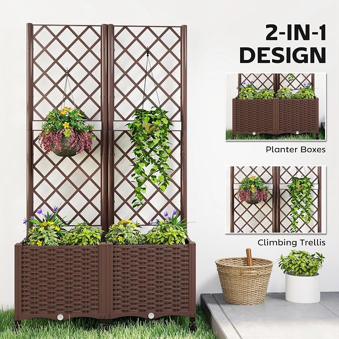 Outsunny Planter Box with Trellis, Self Watering Raised Garden Bed with Lockable Wheels, 56.3" Trellis Privacy Planter with Drainage Holes for Climbing Plants, Vines, Vegetables, Flowers, Brown