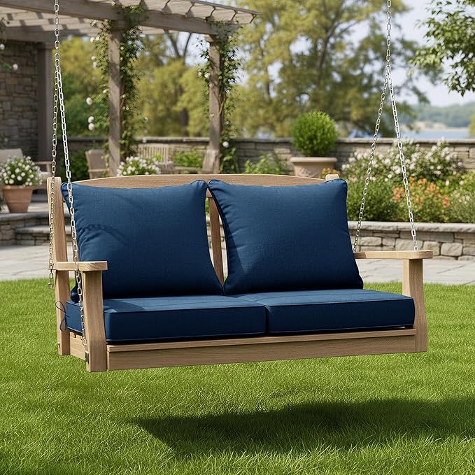 Summsun Outdoor Chair Cushions, Faux Linen Backrest and Seat Cushion Set for Patio Furniture with Weather Resistant Removable Cover, Straps, Non-Slip Bottom, 19 x 19 Inch, Navy, Set of 2
