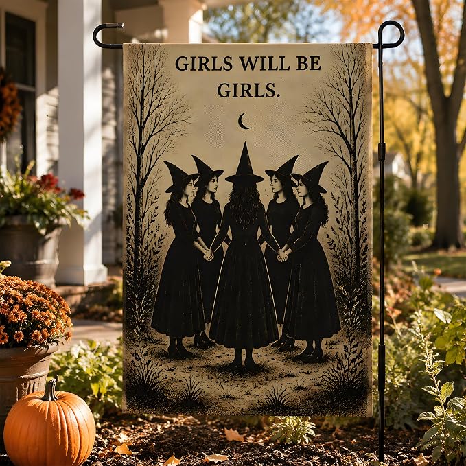 Halloween Decorations - Witch GIRLS WILL BE GIRLS Garden Flag | Halloween Party Decorations for Outdoor Indoor Outside - Trick or Treat Banner Decor for Garden Porch Patio Lawn Yard Party Favors Supplies