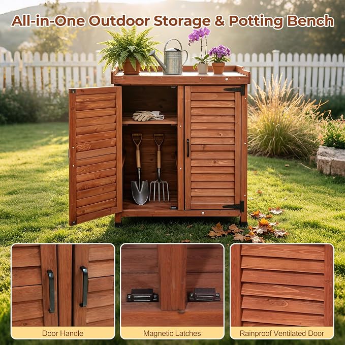 Outdoor Garden Storage Cabinet with Potting Bench, Wood Cabinet with Metal Top, Planting Workstation Table for Patio, Backyard and Garden Tools (Brown)