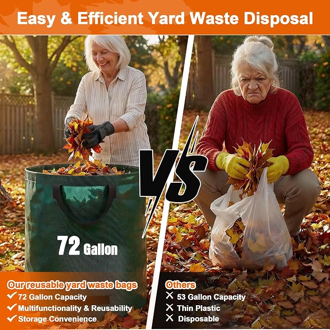Kendo 72 Gallon Reusable Yard Bags, Heavy Duty 3 PCS Garden Leaf Bags with 4 Reinforced Handles for Fall Leaf Cleanup Grass Clippings Camping Trash