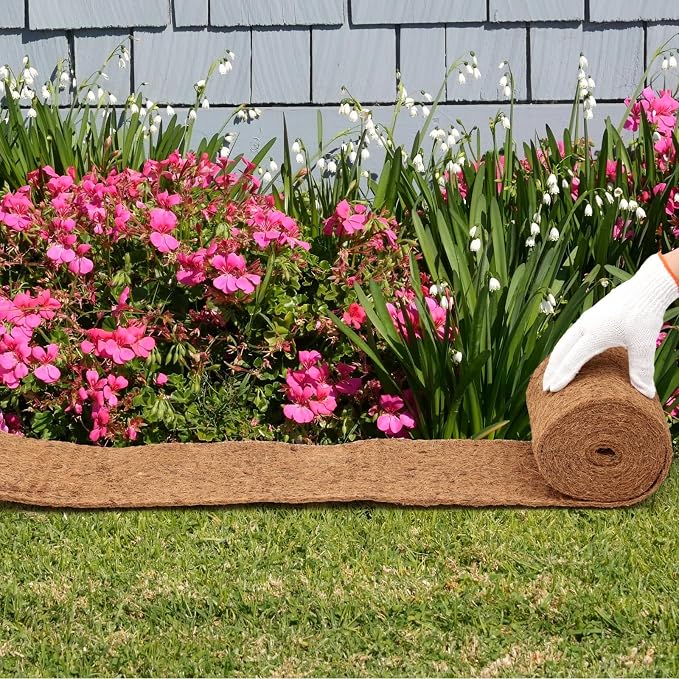 Timgle 2 Pcs 120" x 6.3" Natural Coconut Fiber Liner Mulch Roll, Coir Liner Garden Weed Barrier Mat with 30 U-Shaped Steel Stakes for Landscaping, Garden Edging Border, Planters, Vegetables & Flowers