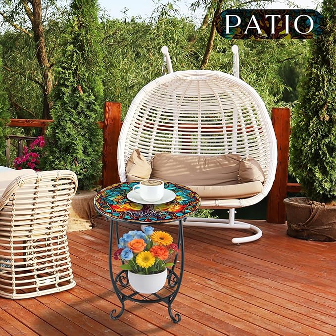 Cinnvoice Outdoor Side Table Round Small Mosaic Patio Accent Indoor End Plant Coffee Tea Table for Yard Patio Porch Garden Living Room, Bedroom(Tree of Life Style,12 Inch)