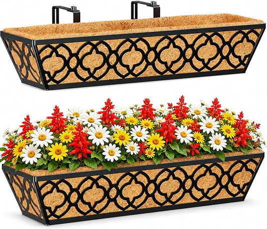 HFHOME 24 Inch Railing Planter Box with Coco Liner, 24" Window Boxes Horse Trough with Coconut Coir Liner, Black Metal Hanging Flower Planter Basket Railing Planter for Outdoor Indoor Lawn - 2 Pack