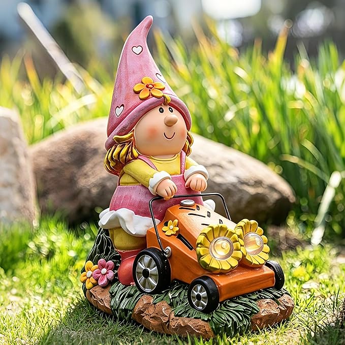 Solar Garden Gnomes Decor for Yard, Fairy Sunflower Lawn Mover Statue | 8inch Height, Lighting 8-10 Hour, Waterproof Outdoor Figurine Lights, Face-revealing, Heart Hat, Pink Gifts for Women