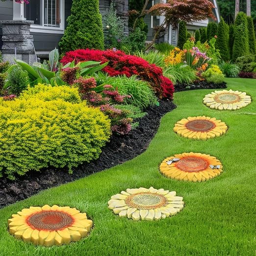 3 Pack Sunflower Stepping Stones for Garden, 10-Inch Faux Stepping Stones Outdoor, Decorative Hand-Painted Garden Stones, Weather-Resistant Pathway Stones for Walkway Yard Patio, Large Stepping Stones