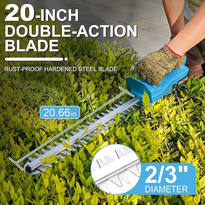 20" Hedge Trimmer Cordless with Battery, 21V Electric Hedge Trimmer with 2 Pack 4.0Ah Batteries and Charger Included 3200RPM, Goggles, Gloves, Tools for Tree, Garden, Lawn, Yard